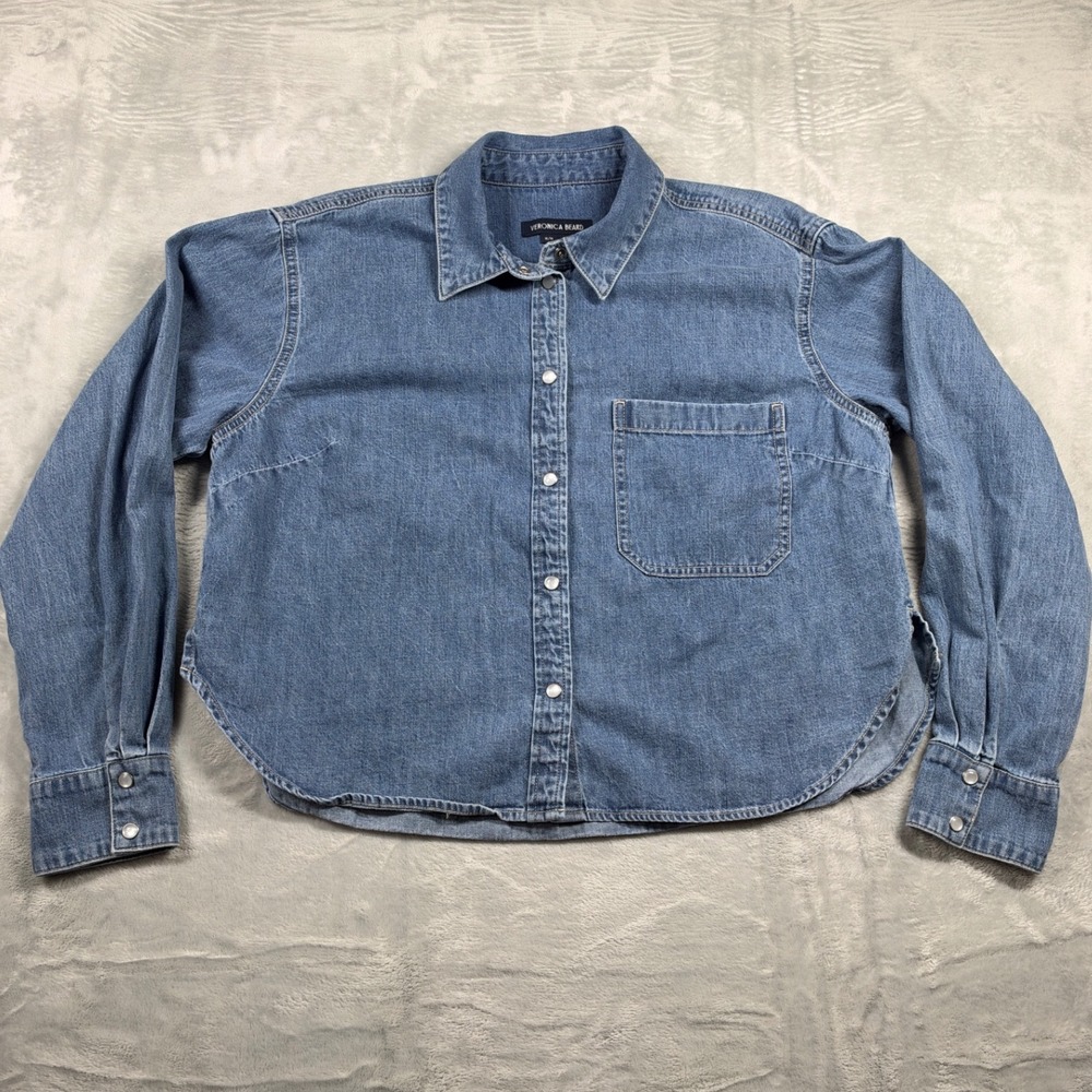 Veronica Beard Aderes Denim Shirt M Starlight Cropped Snap Front 100% Cotton